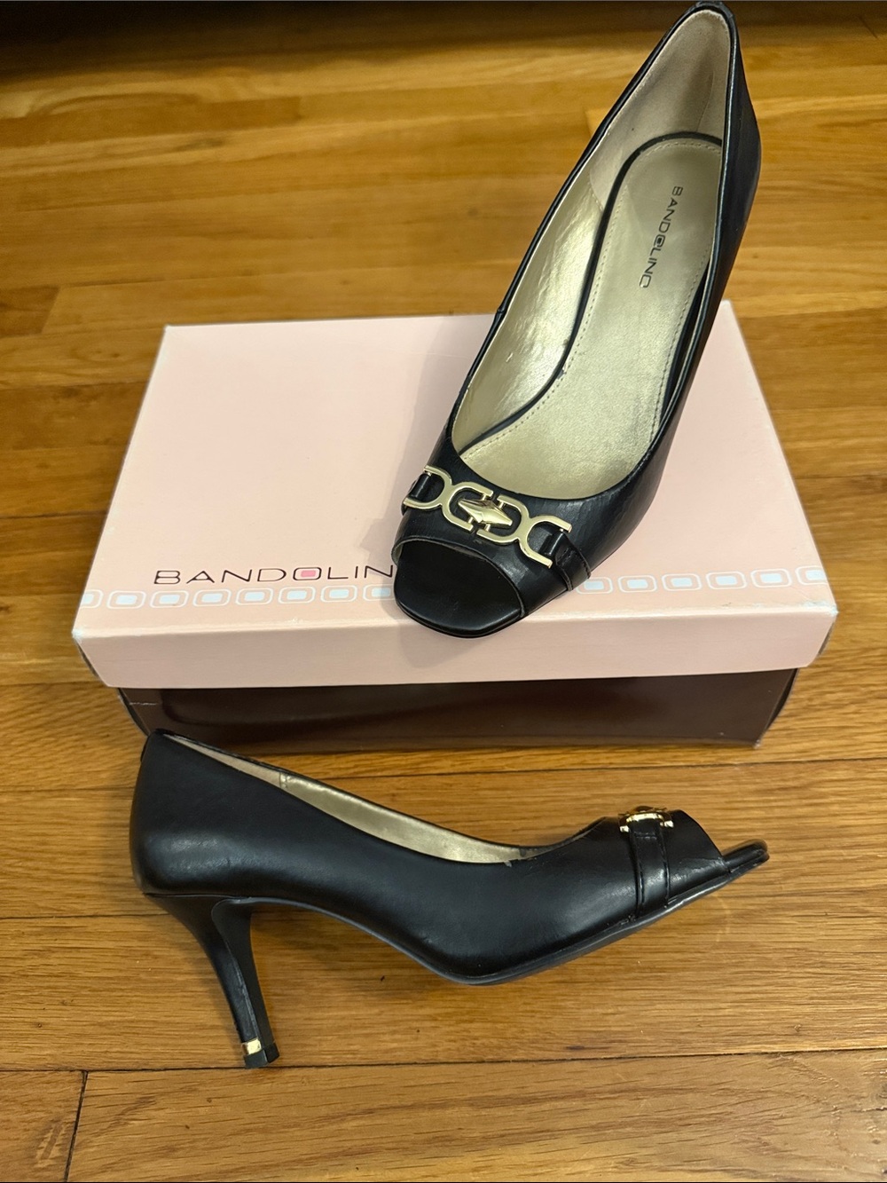 Bandolino Black Peep-Toe Heels with Gold Accent